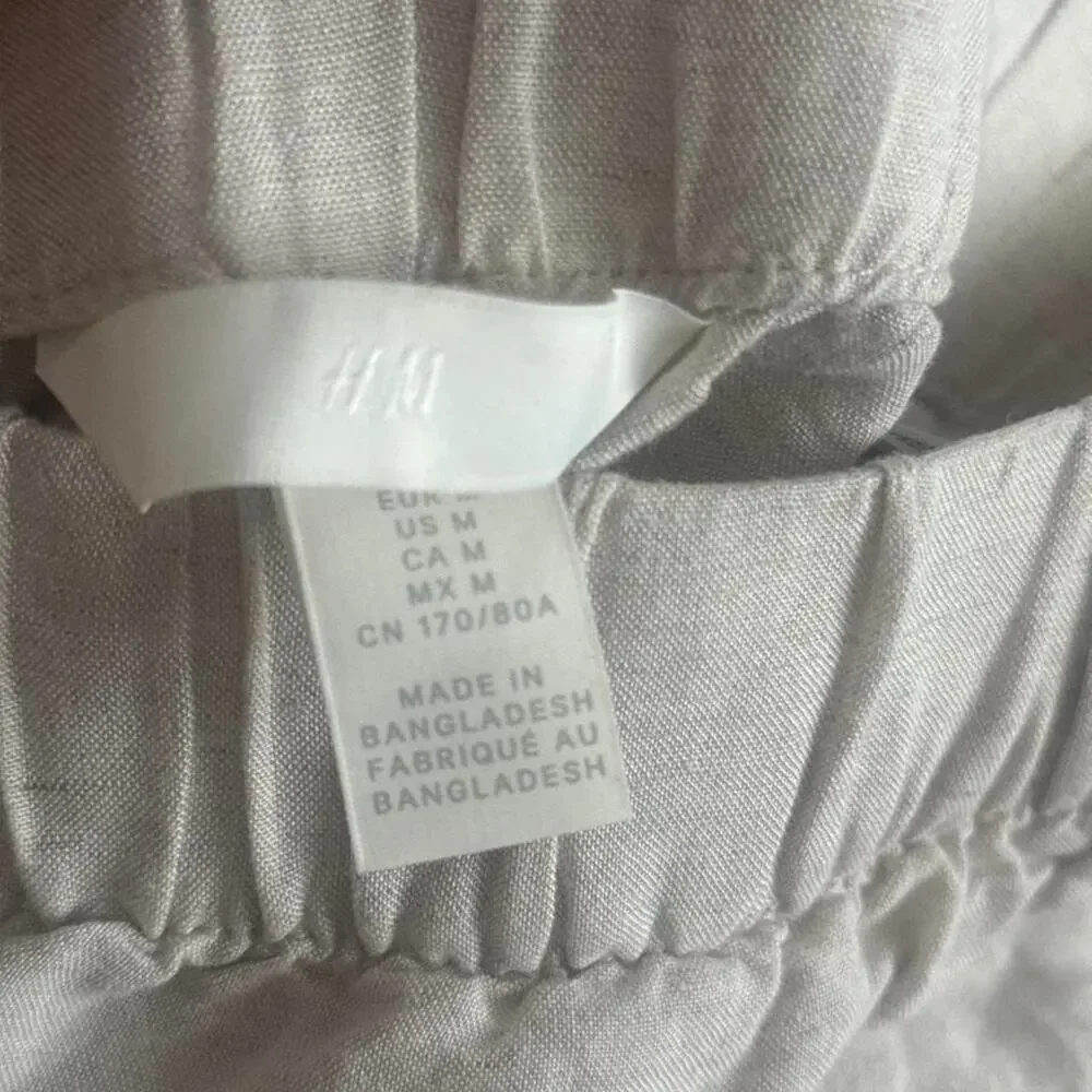 Natural linen blend cropped pants neutral wide leg elastic wasit